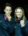 Le fiorettiste delle Fiamme oro Elisa Di Francisca e Valentina Vezzali sul podio olimpico di Londra 2012