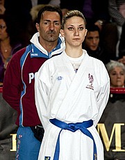 Irene Giovannetti con l'allenatore delle Fiamme oro Cristian Verrecchia, prima della finale (Foto Massimo Barisano)