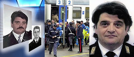 Alcune immagini del sovrintendente Emanuele Petri e al centro il treno sul quale fu ucciso