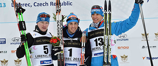 Il fondista delle Fiamme oro Federico Pellegrino sul podio dei Campionati del mondo