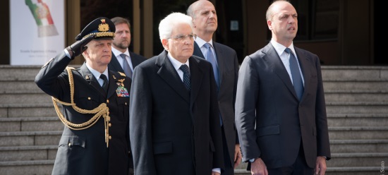 Inaugurazione Anno Accademico Scuola superiore di Polizia. Il presidente della Repubblica Sergio Mattarella, il ministro dell'Interno Angelino Alfano, il capo della Polizia Alessandro Pansa 